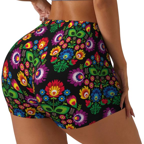 Rateoe Traditional Floral Polish Printed Power Workout Shorts for Women Tummy Control Squat Proof Ribbed Thick Seamless Scrunch Active Short-Large