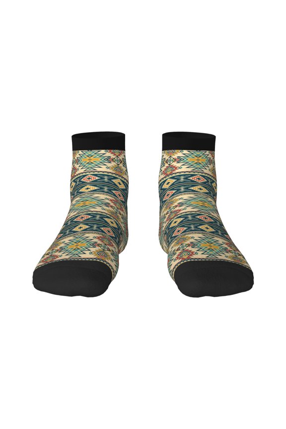 Traditional Tribal Aztec1 Pattern Quarter Crew Socks,Toe Seamed Ankle Socks,Cotton Cushioned Breathable Athletic Crew Sports Socks