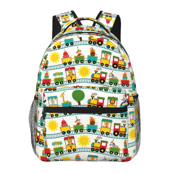 Rateoe Train With Animals Pattern Casual Backpack for School, Work, Travel – Adjustable Straps, Multiple Compartments – Ergonomic Design, Fits Laptops and Tablets