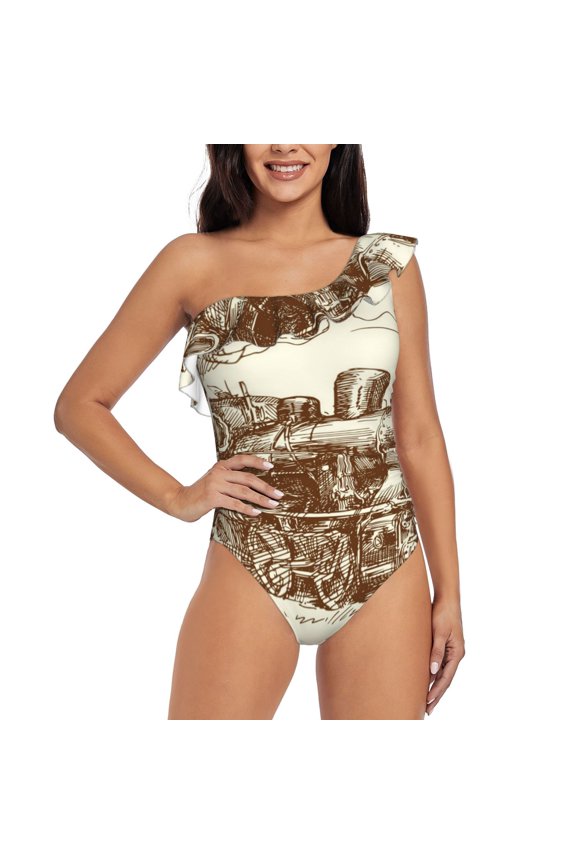 Train Pattern Women One Piece Swimsuits Tummy Control One Shoulder Bathing Suits Ruffle Swimwear-Large