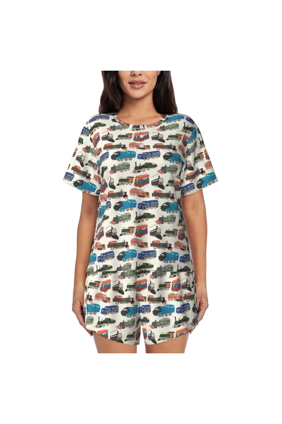 Train Pattern Women's Short-Sleeved Pajama Set - 2 Piece Soft and Lightweight Sleepwear Set-Medium