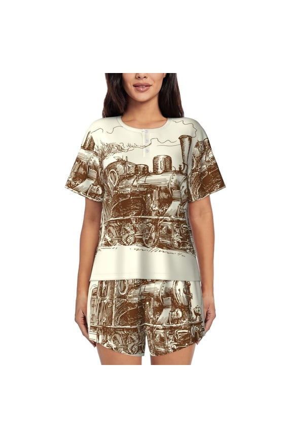 Train Pattern Women's Short-Sleeved Pajama Set - 2 Piece Soft and Lightweight Sleepwear Set-Small