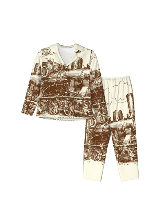 Train Pattern Womens Pajamas Set Long Sleeve Sleepwear Button Down Nightwear Soft Cotton Pj Lounge Sets-Small