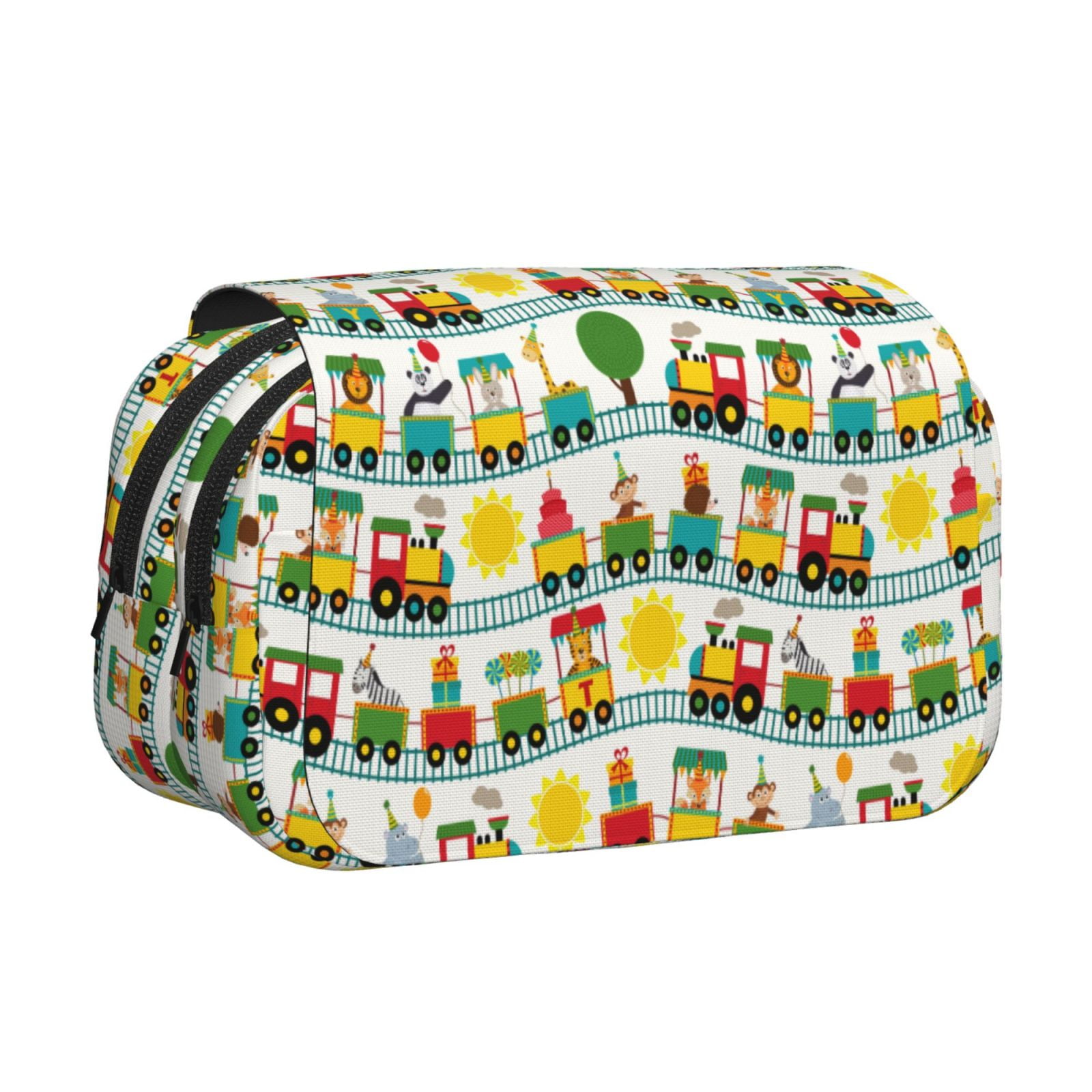 Rateoe Train With Animals Pattern Double Clamshell Pen Case, Storage Organizer with Two Zipper Compartments– Holds Up to 50 Pencils & Pens