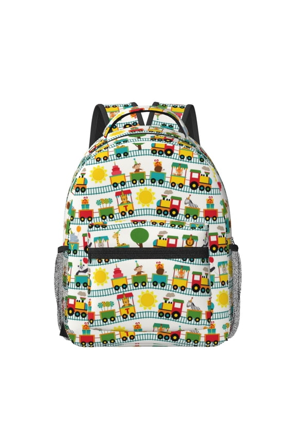 Train With Animals Pattern Durable Student Backpack Laptop Bag- Ergonomic Design, Waterproof Twill Fabric - Ideal for School, Travel, and Outdoor Activities