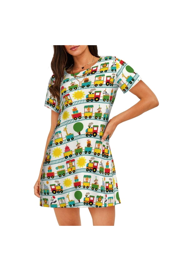 Train With Animals Print Women’s Nightdress – Cozy Cotton Short-sleeved Sleep Shirt, Loose-Fit Sleepwear, Perfect for Relaxing and Sleeping