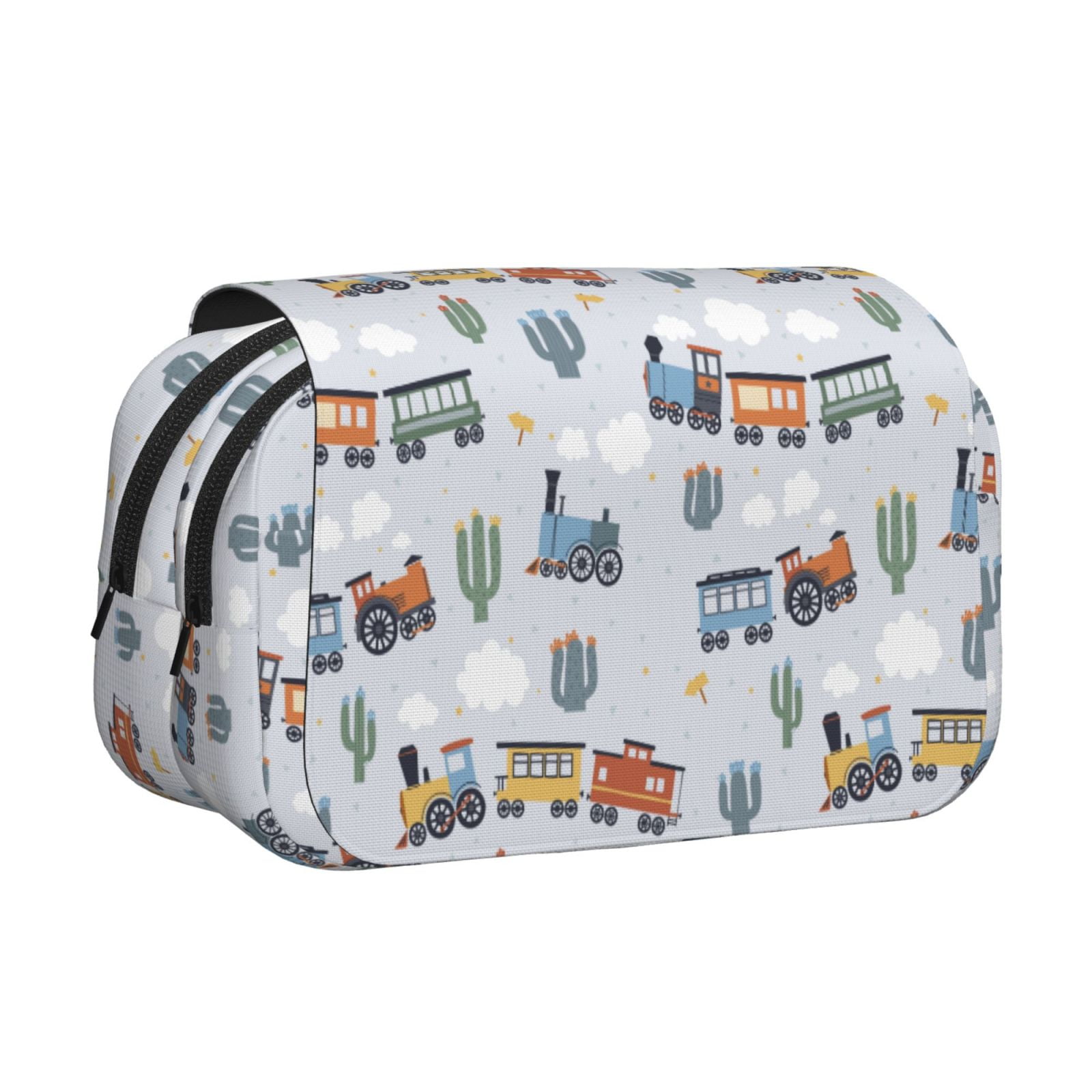 Rateoe Trains And Cactuse Pattern Double Clamshell Pen Case, Storage Organizer with Two Zipper Compartments– Holds Up to 50 Pencils & Pens