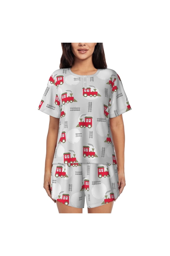 Trains Pattern Women's Short-Sleeved Pajama Set - 2 Piece Soft and Lightweight Sleepwear Set-XX-Large