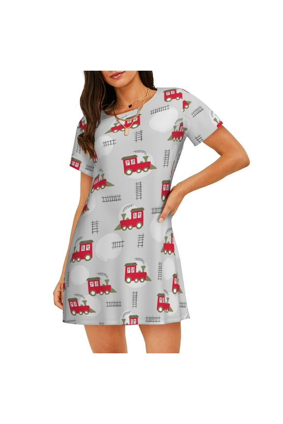 Trains Print Women’s Nightdress – Cozy Cotton Short-sleeved Sleep Shirt, Loose-Fit Sleepwear, Perfect for Relaxing and Sleeping