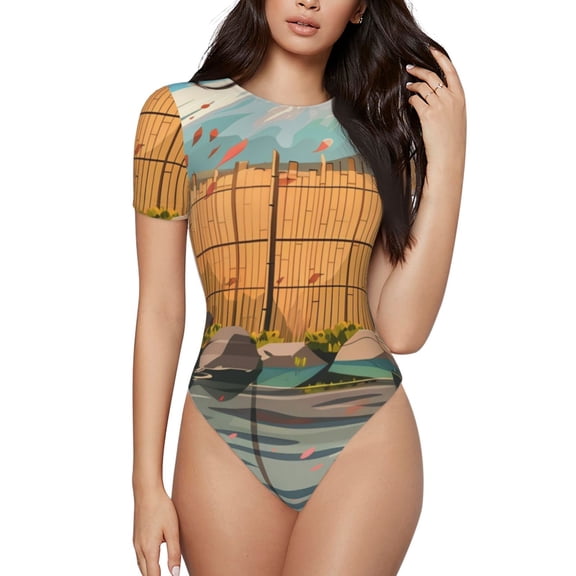 Rateoe Tranquil Garden Landscape Printed Women Rash Guard Short Sleeve,Tummy control Swimsuit Surfing Swimsuit Bathing Suit Short-sleeved Onesie UPF 50  -Medium