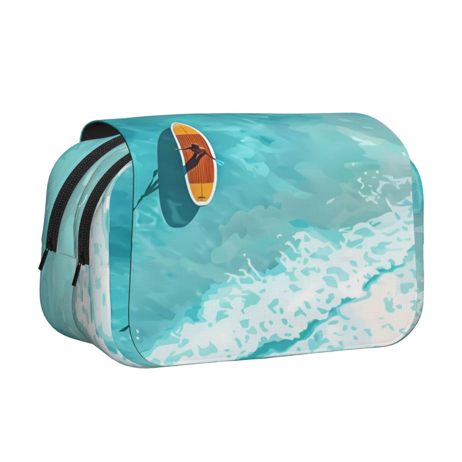 Rateoe Tranquil Ocean Canoe Journey Pattern Double Clamshell Pen Case, Storage Organizer with Two Zipper Compartments– Holds Up to 50 Pencils & Pens