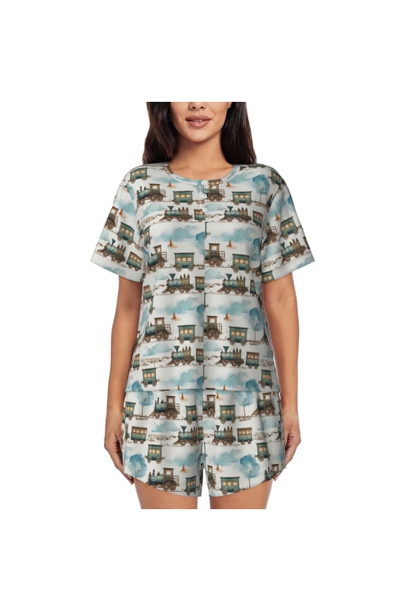 Transport Train Pattern Women's Short-Sleeved Pajama Set - 2 Piece Soft and Lightweight Sleepwear Set-X-Large