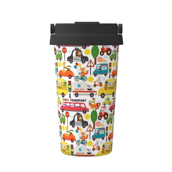 Rateoe Transports with Animals Pattern Travel Coffee Mug Tumbler with Flip Lid | Reusable Insulated Stainless Steel Cold Brew Iced Coffee Cup Thermos