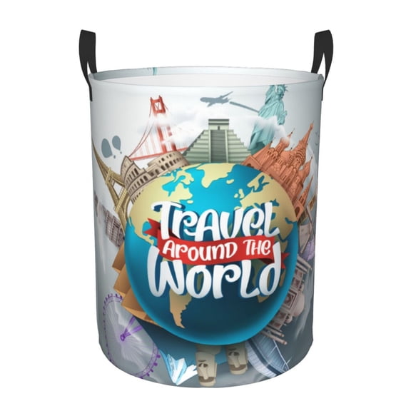 Rateoe Travel Around The World Pattern Round Laundry Hamper Basket, Tall Hamper Basket for Blanket Storage, Nursery Clothes Hamper for Laundry in Bedroom and College Dorm-Small