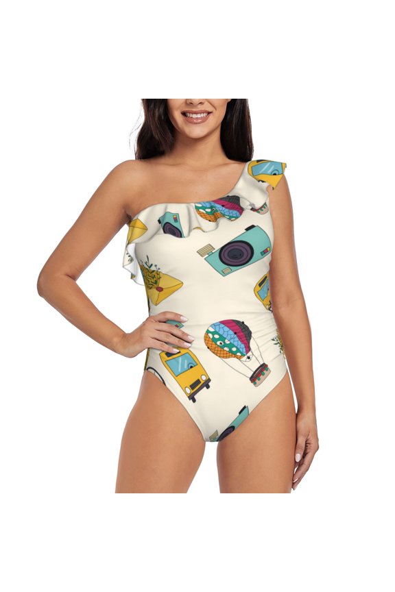 Travel Elements Pattern Women One Piece Swimsuits Tummy Control One Shoulder Bathing Suits Ruffle Swimwear-Small