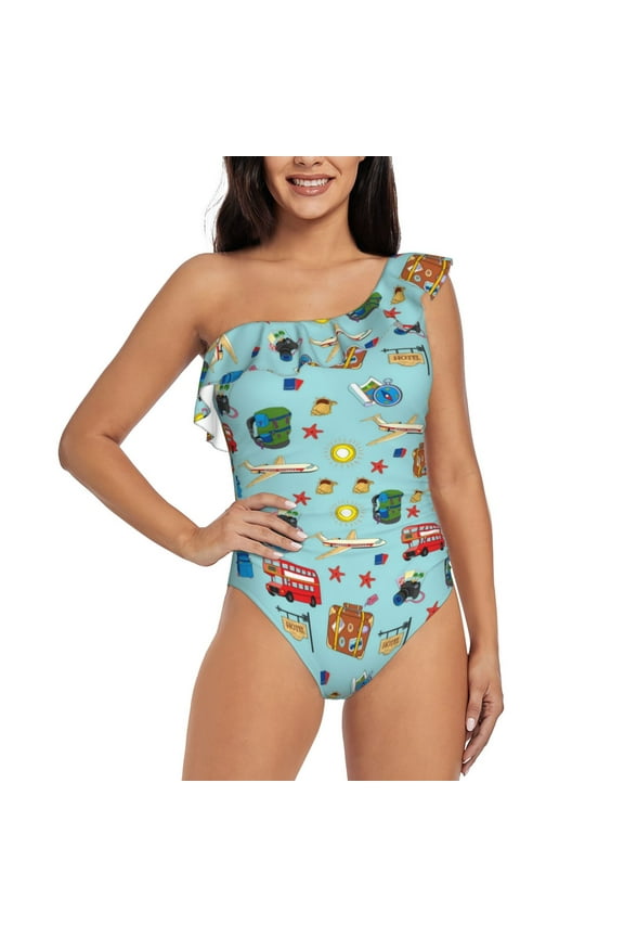 Travel1 Pattern Women One Piece Swimsuits Tummy Control One Shoulder Bathing Suits Ruffle Swimwear-
