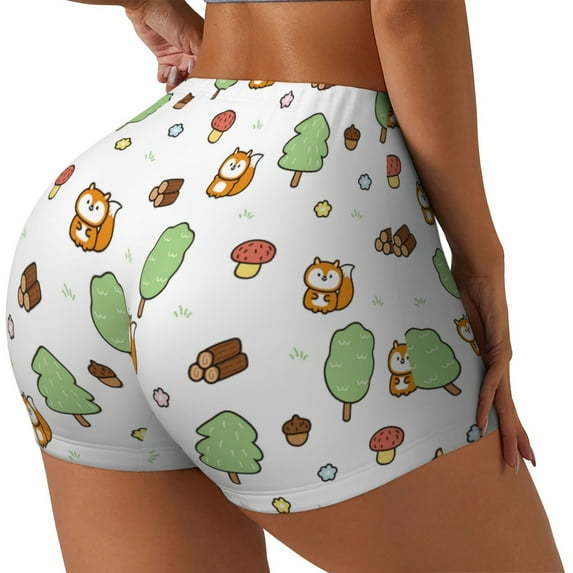 Rateoe Tree Squirrel Printed Power Workout Shorts for Women Tummy Control Squat Proof Ribbed Thick Seamless Scrunch Active Short-Small