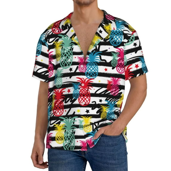 Rateoe Trendy Colorful Pineapples 1 Pattern Men's Short Sleeve Classic Shirt, Casual Short-Sleeved Shirt, Lightweight Summer Shirt, Cuban Collar Shirt,Button-Front Shirt-XX-Large