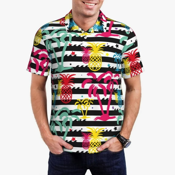 Rateoe Trendy Colorful Pineapples Pattern Men's Short Sleeve Polo Shirts, Golf Polo Shirts Short Sleeve Performance Moisture Wicking Dry-Small
