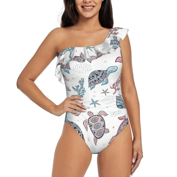 Rateoe Tribal Style Turtle Pattern Women One Piece Swimsuits Tummy Control One Shoulder Bathing Suits Ruffle Swimwear-Medium