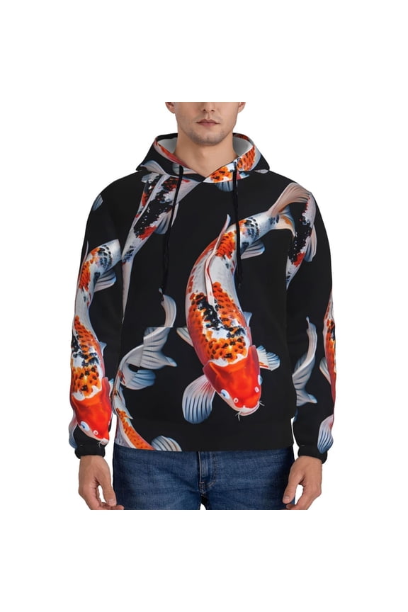 Tricolor Koi Fish Trio Pattern Mens Hoodie, Pullover Hooded Sweatshirt, Kangaroo Pocket Hoodie Ideal for Daily Wear, Travel and Home-Large