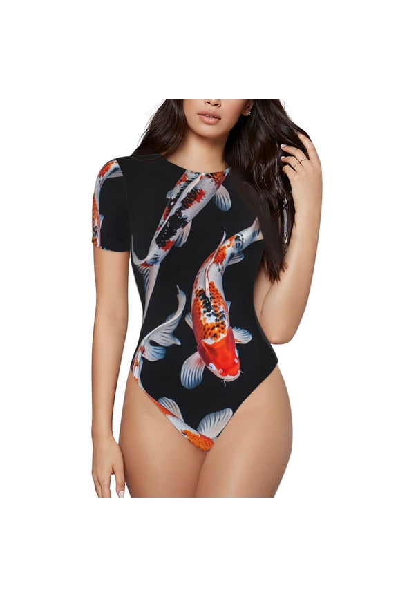 Tricolor Koi Fish Trio Printed Women Rash Guard Short Sleeve,Tummy control Swimsuit Surfing Swimsuit Bathing Suit Short-sleeved Onesie UPF 50+ -Small