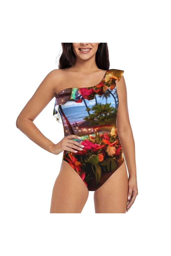 Tropical Beach Candlelight Pattern Women One Piece Swimsuits Tummy Control One Shoulder Bathing Suits Ruffle Swimwear-XX-Large