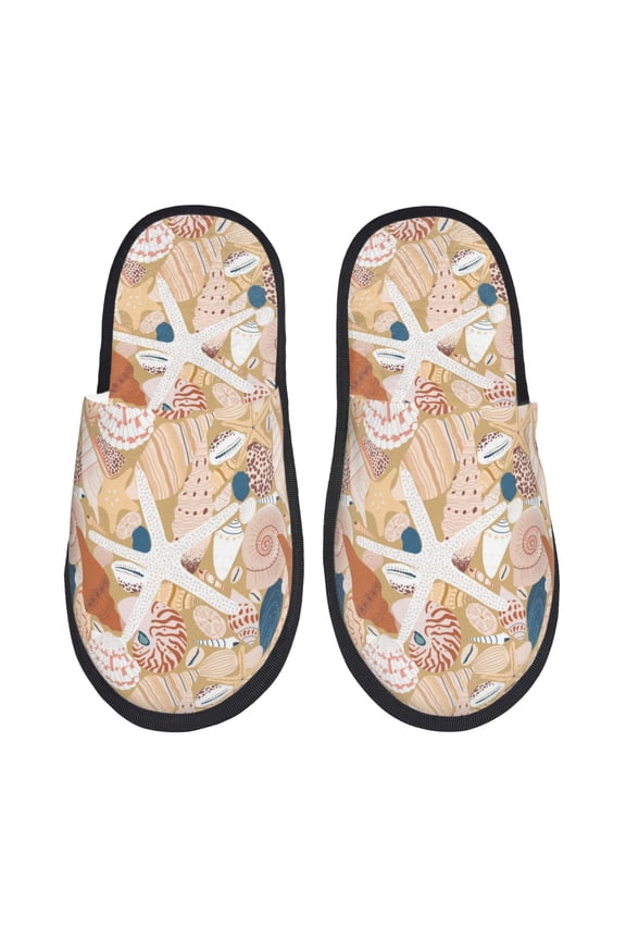 Tropical Beach Sea Shell Pattern Fuzzy Slippers Fuzzy Soft House Slippers Plush Furry Warm Cozy Open Toe Fluffy Home Shoes-Large