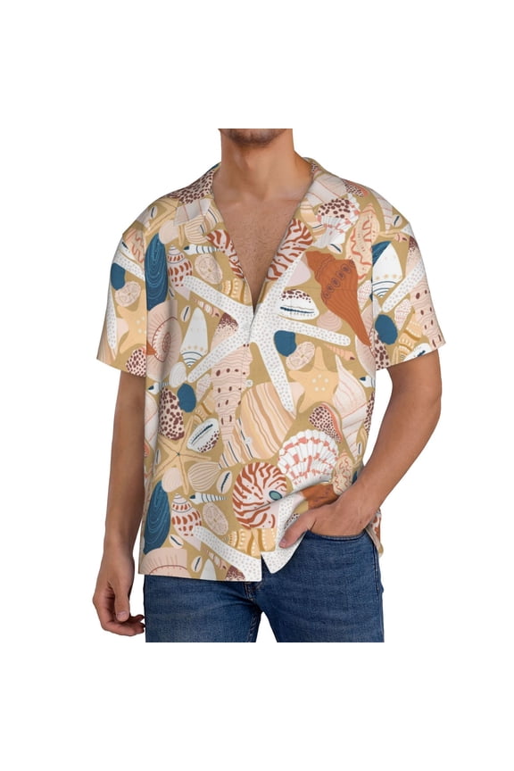 Tropical Beach Sea Shell Pattern Men's Short Sleeve Classic Shirt, Casual Short-Sleeved Shirt, Lightweight Summer Shirt, Cuban Collar Shirt,Button-Front Shirt-Medium