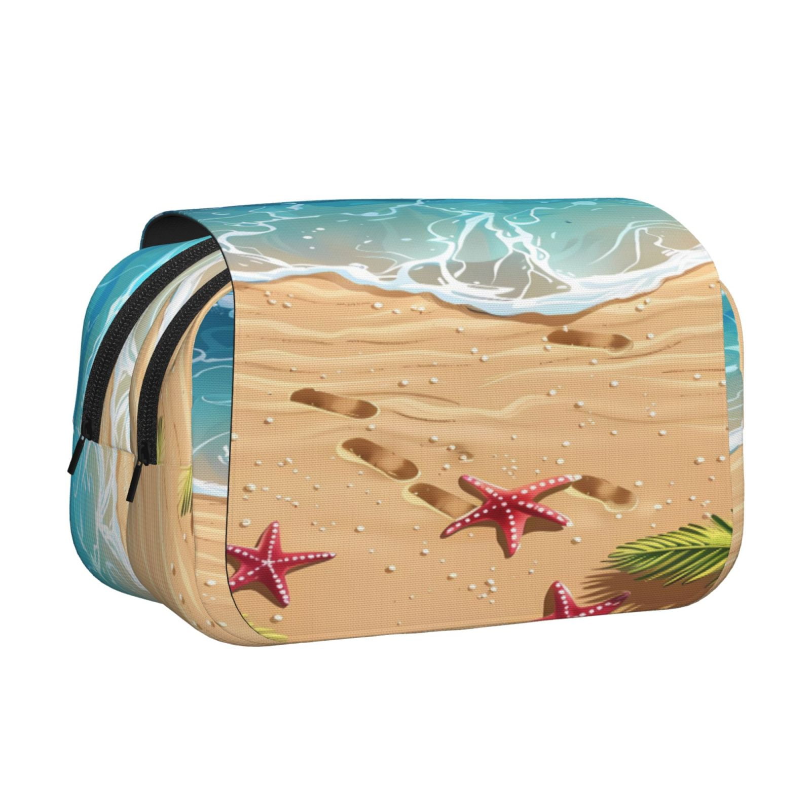 Rateoe Tropical Beach With Starfish Pattern Double Clamshell Pen Case, Storage Organizer with Two Zipper Compartments– Holds Up to 50 Pencils & Pens