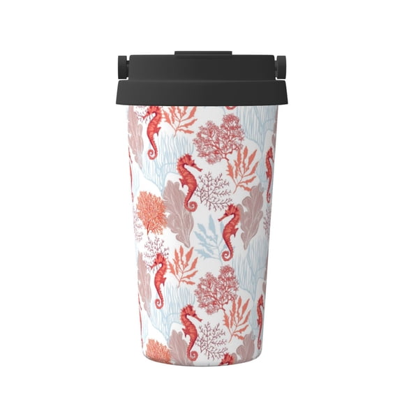 Rateoe Tropical Corals Seahorse Pattern Travel Coffee Mug Tumbler with Flip Lid | Reusable Insulated Stainless Steel Cold Brew Iced Coffee Cup Thermos