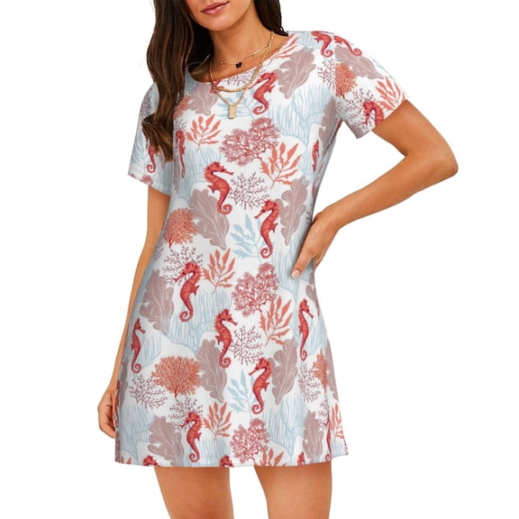 Rateoe Tropical Corals Seahorse Print Women’s Nightdress – Cozy Cotton Short-sleeved Sleep Shirt, Loose-Fit Sleepwear, Perfect for Relaxing and Sleeping