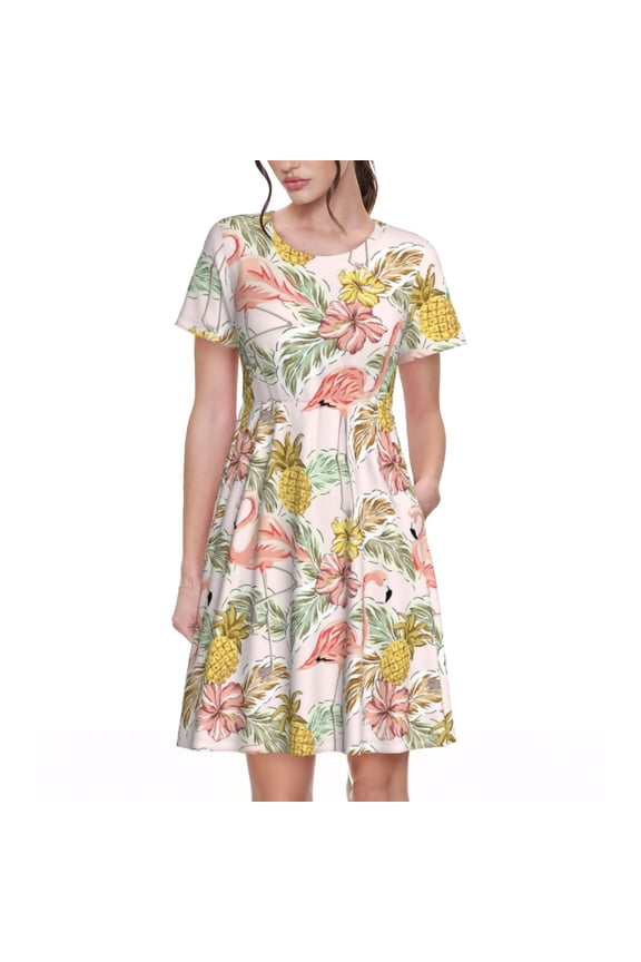Tropical Flamingo Pineapple Pattern Women’s Short Sleeve Dress – Casual Elegant Summer A-Line Dress for Everyday Wear