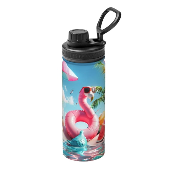 Rateoe Tropical Flamingo Pool Float Printed 18oz Sports Insulated Water Bottle, Double-Wall Stainless Steel Kettle with Leak-Proof Cap and Carry Loop, BPA-Free for Outdoor, Gym, Camping, and Travel