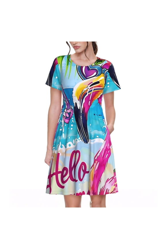 Tropical Flamingo Summer Pattern Women’s Short Sleeve Dress – Casual Elegant Summer A-Line Dress for Everyday Wear