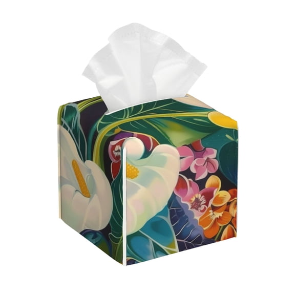 Rateoe Tropical Floral Jungle Pattern Tissue Box Cover, Modern Square Decorative Leather Facial Paper Case Organizer Holder Dispenser 5X5X5''