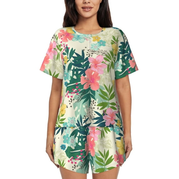 Rateoe Tropical Flowers Pattern Women's Short-Sleeved Pajama Set - 2 Piece Soft and Lightweight Sleepwear Set-Large