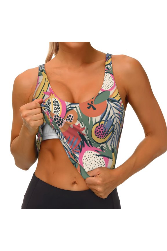 Tropical Fruit Print Womens' Sports Bras Scoop Neck Sports Vest- Padded U Back Seamless High Impact Support