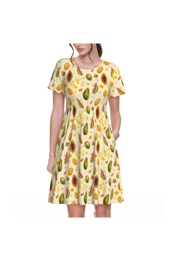 Tropical Fruits Pattern Women’s Short Sleeve Dress – Casual Elegant Summer A-Line Dress for Everyday Wear