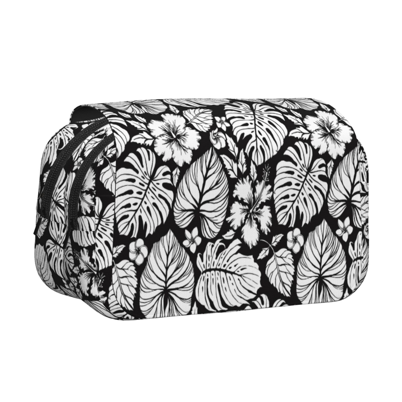 Rateoe Tropical Leaves Pattern Double Clamshell Pen Case, Storage Organizer with Two Zipper Compartments– Holds Up to 50 Pencils & Pens