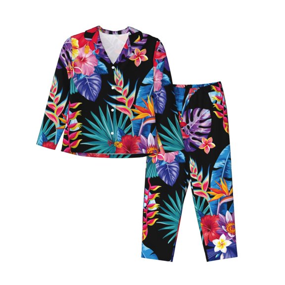 Rateoe Tropical Palm Leaves Pattern Womens Pajamas Set Long Sleeve Sleepwear Button Down Nightwear Soft Cotton Pj Lounge Sets