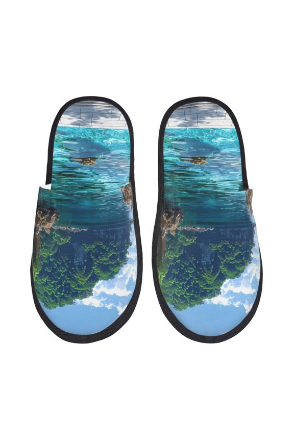 Tropical Paradise Window View Pattern Fuzzy Slippers Fuzzy Soft House Slippers Plush Furry Warm Cozy Open Toe Fluffy Home Shoes-Medium