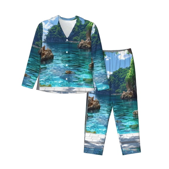 Rateoe Tropical Paradise Window View Pattern Womens Pajamas Set Long Sleeve Sleepwear Button Down Nightwear Soft Cotton Pj Lounge Sets-Medium