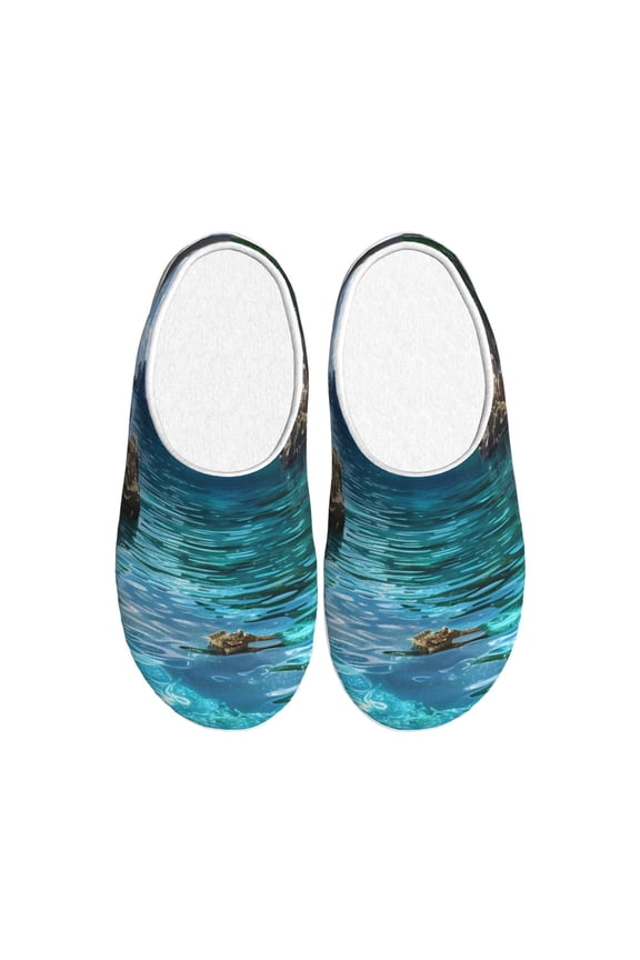Tropical Paradise Window View Print Women's Men's Cotton Knit Slippers Lightweight Memory Foam Indoor House Shoes with Anti-Skid Sole-46/47