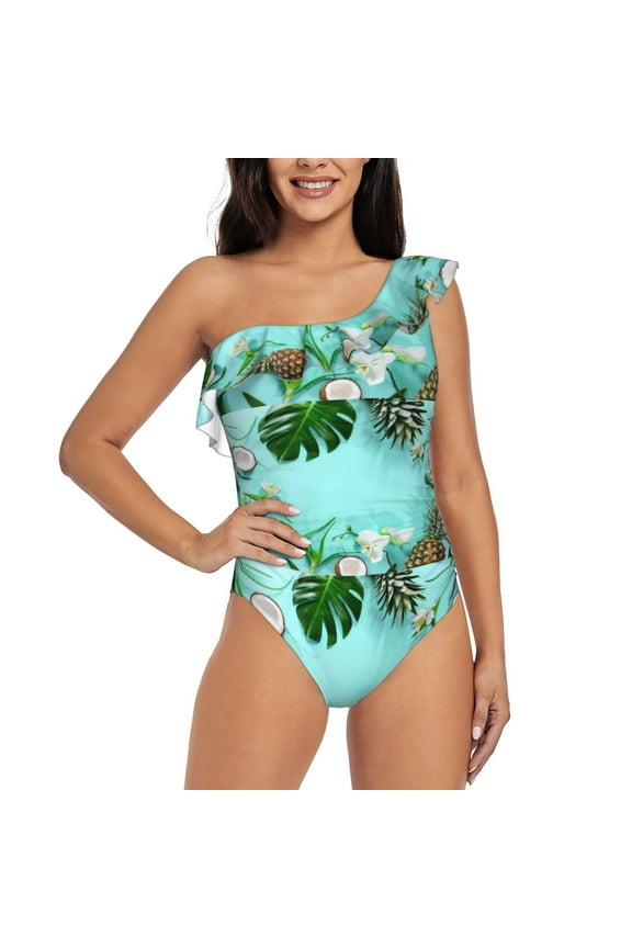 Tropical Pineapple Pattern Women One Piece Swimsuits Tummy Control One Shoulder Bathing Suits Ruffle Swimwear-Medium