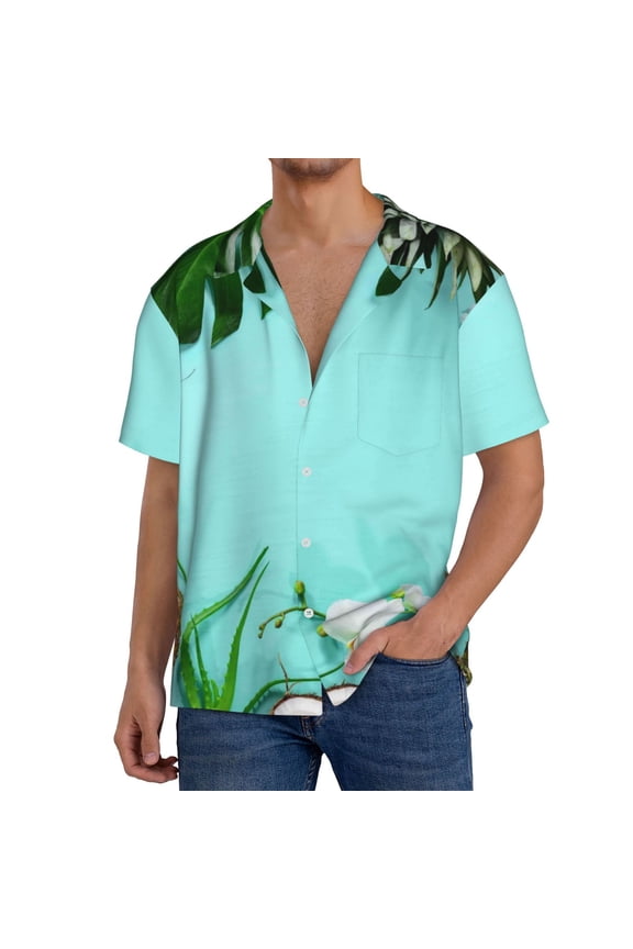 Tropical Pineapple Print Mens Front Pocket Hawaiian Shirts Casual Shirts Short Sleeve Button Down Beach Tropical Shirts-X-Large