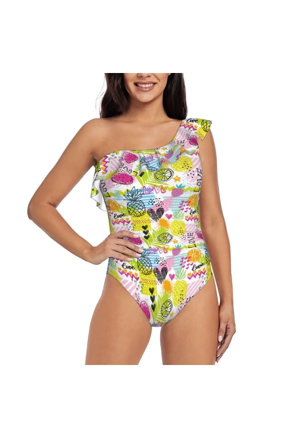 Tropical Pineapples Pattern Women One Piece Swimsuits Tummy Control One Shoulder Bathing Suits Ruffle Swimwear-