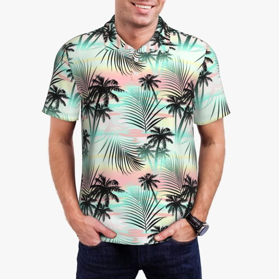 Rateoe Tropical Summer Palm Pattern Men's Short Sleeve Polo Shirts, Golf Polo Shirts Short Sleeve Performance Moisture Wicking Dry-4X-Large