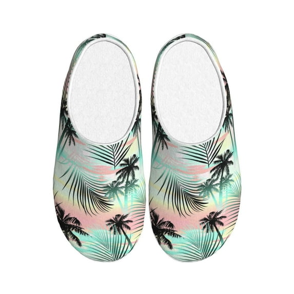 Rateoe Tropical Summer Palm Print Women's Men's Cotton Knit Slippers Lightweight Memory Foam Indoor House Shoes with Anti-Skid Sole-39/40