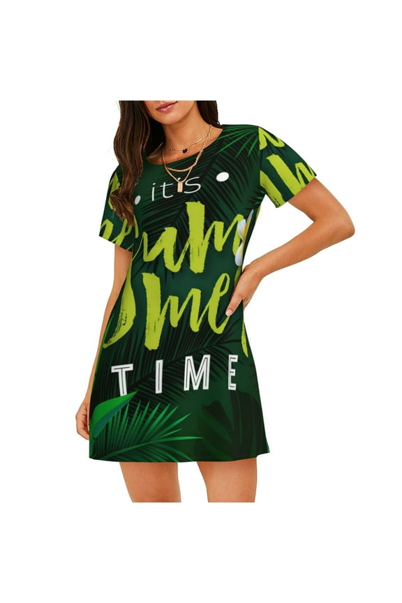 Tropical Summer Vibes Print Women’s Nightdress – Cozy Cotton Short-sleeved Sleep Shirt, Loose-Fit Sleepwear, Perfect for Relaxing and Sleeping